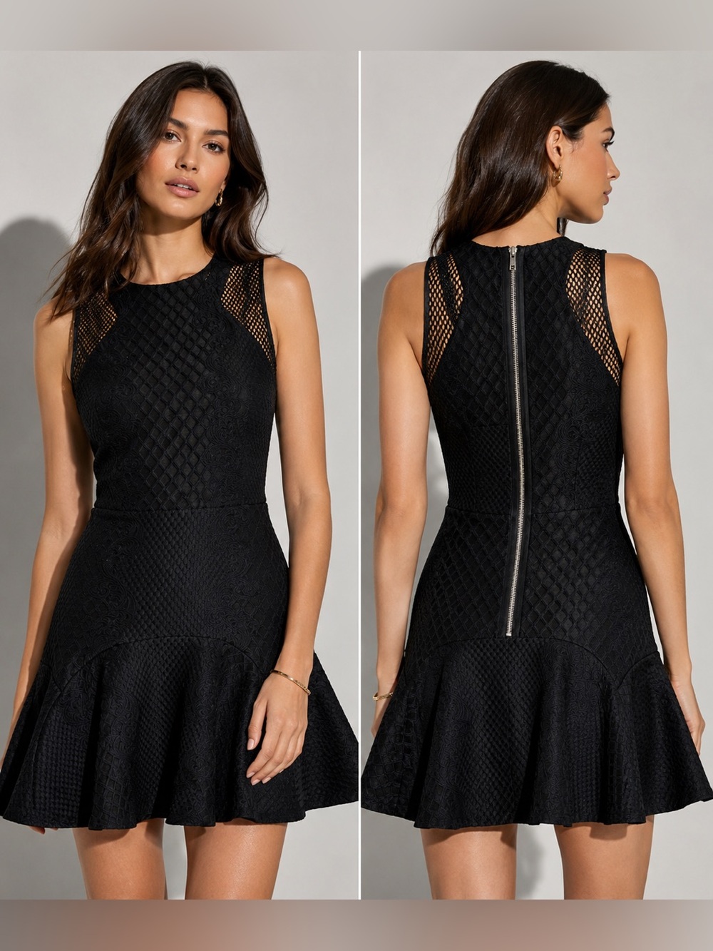 Parker Black Textured Jacquard Mesh Fit & Flare Dress Size M
